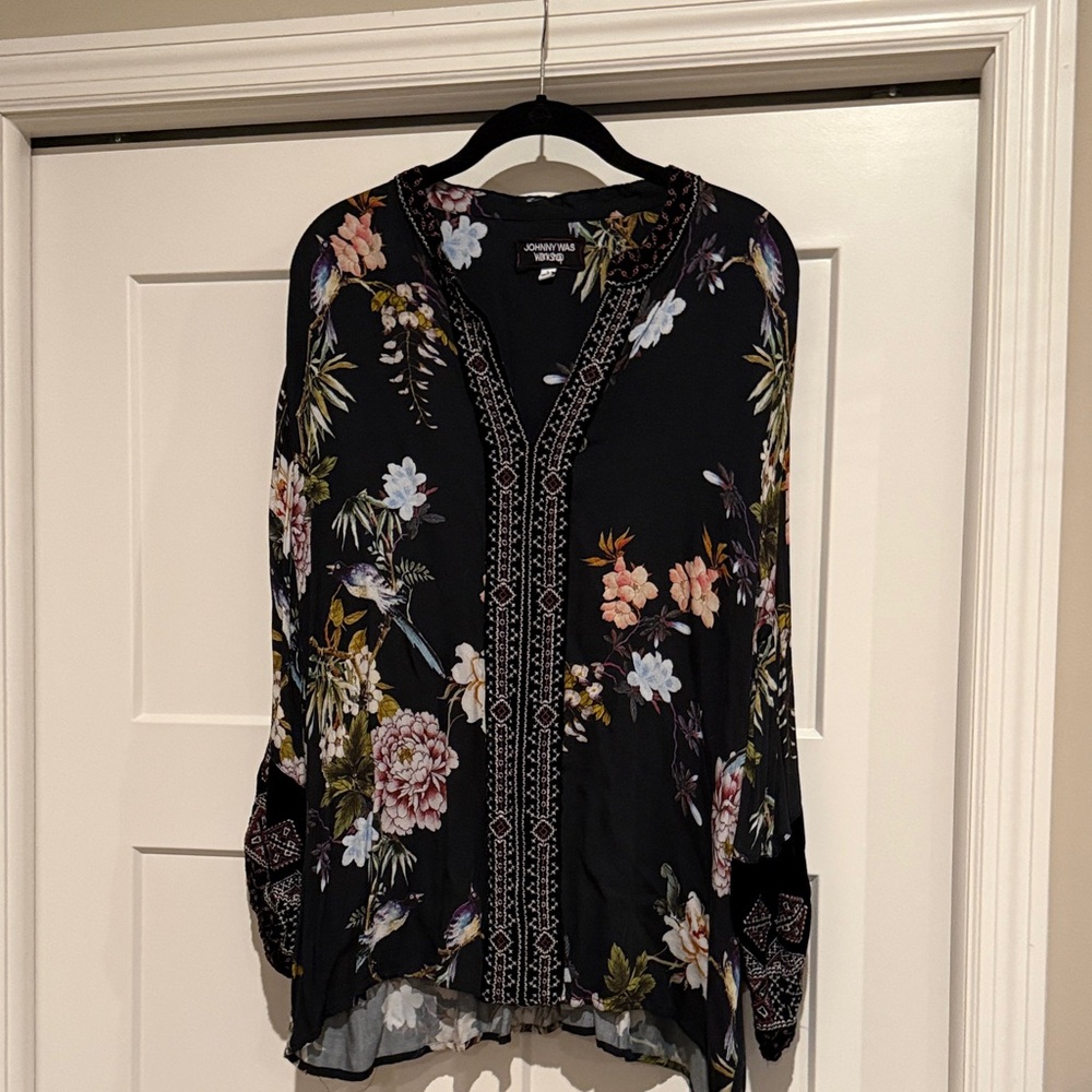 Johnny Was Black and Floral Workshop Top